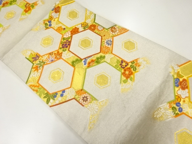 JAPANESE KIMONO / ANTIQUE FUKURO OBI / SILK / WOVEN KIKKO & FLOWERS